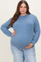 Blue Textured Ribbed Long Sleeve Maternity Plus Top