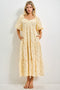 Butter Yellow Floral Tiered Puff Sleeve Midi Dress