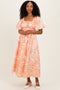 Peach Floral Textured Puff Sleeve Midi Dress