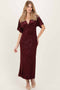 Burgundy Floral Velvet V-Neck Short Sleeve Maxi Dress