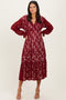 Burgundy Floral Lace Long Sleeve V-Neck Maxi Dress