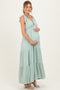 Sage Shoulder Tie Ribbed Tiered Maternity Maxi Dress