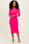 Fuchsia Mesh Overlay Fitted Midi Dress