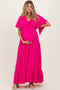 Fuchsia Woven Textured Flutter Sleeve V-Neck Tiered Maternity Maxi Dress
