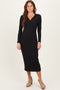 Black Ribbed Collared Long Sleeve Midi Dress