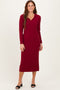 Red Ribbed Collared Long Sleeve Midi Dress