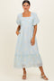 Light Blue Gingham Pleated Square Neck Midi Dress
