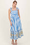 Blue Striped Shoulder Tie Printed Hem Midi Dress