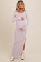 Oatmeal Ribbed Long Sleeve Side Slit Maternity Maxi Dress