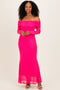 Fuchsia Mesh Overlay Off Shoulder Long Sleeve Midi Dress
