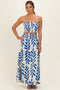 Royal Blue Leaf Print Smocked Crop Top Maxi Skirt Set