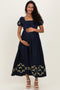 Navy Embroidered Floral Pleated Bodice Maternity Maxi Dress