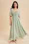Sage Floral Chiffon Smocked Ruffle Maxi Dress