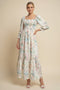 Ivory Floral Smocked 3/4 Sleeve Maxi Dress