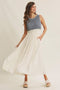 Dusty Blue Knit Bodice Contrast Skirt Maxi Dress