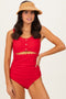 Red Scalloped Cutout Ruched One Piece Swimsuit