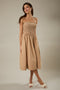 Light Taupe Shoulder Tie Smocked Midi Dress