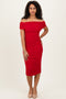 Red Ruched Mesh Off Shoulder Midi Dress