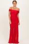 Red Ruched Mesh Off Shoulder Maxi Dress