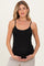 woman wearing a black maternity camisole top and holding her baby bump