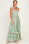 Green Striped Smocked Shoulder Tie Midi Dress