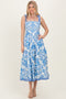 Blue Damask Shoulder Tie Midi Dress