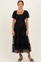 Black Tulle Puff Sleeve Smocked Midi Dress
