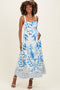 Blue Printed Scallop Detail Sleeveless Maternity Midi Dress