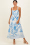 Blue Printed Scallop Detail Sleeveless Midi Dress