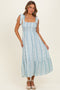 Sky Floral Stripe Smocked Shoulder Tie Midi Dress