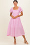 Pink Gingham Puff Sleeve Midi Dress