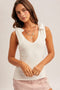 White Bow Tie Detail Sleeveless V Neck Ribbed Top