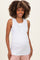 woman wearing a white maternity tank top with buttons and a visible baby bump