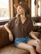 Brown V-Neck Pin-Tuck Detail Top