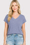 Blue Ribbed V-Neck Short Sleeve Top