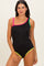 woman wearing a black one-shoulder swimsuit with colorful straps in pink, green, and yellow