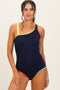 Navy Multicolor Trim One Shoulder One Piece Swimsuit