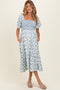 Porcelain Blue Floral Smocked Puff Sleeve Maternity Midi Dress