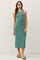 woman wearing a teal sleeveless midi dress with a fitted silhouette and standing against a plain background