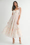 Pink Floral Chiffon Shoulder Tie Midi Dress