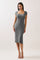 woman wearing a fitted grey midi dress with short sleeves and a square neckline