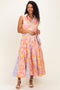 Peach Pink Colorblock Floral Button Down Maternity Midi Dress