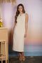 Tan Striped Solid Trim Sleeveless Midi Dress