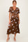 Brown Satin Floral Flutter Sleeve Maternity Midi Dress