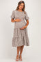 Light Taupe Floral Puff Sleeve Tiered Maternity Midi Dress