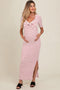 Cream/ Burgundy Striped Knit Short Sleeve Maternity Maxi Dress