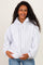 woman wearing a light grey maternity hoodie with a relaxed fit and holding her baby bump