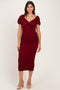 Burgundy Knit Twisted Bust Short Sleeve Midi Dress