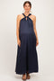 Navy Halter Back Bow Tie Maternity Maxi Dress