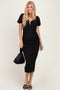 Black Knit Twisted Bust Short Sleeve Midi Dress